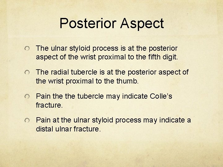 Posterior Aspect The ulnar styloid process is at the posterior aspect of the wrist