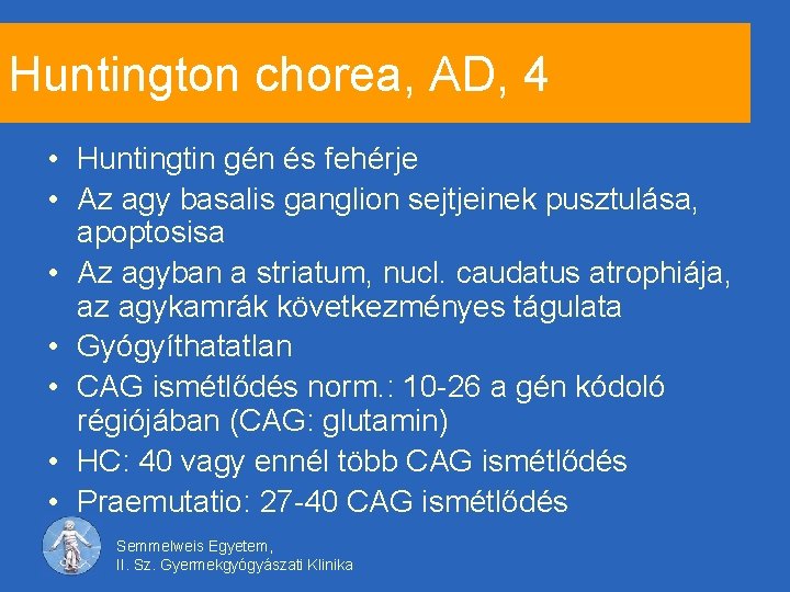 Huntington chorea, AD, 4 • Huntingtin gén és fehérje • Az agy basalis ganglion