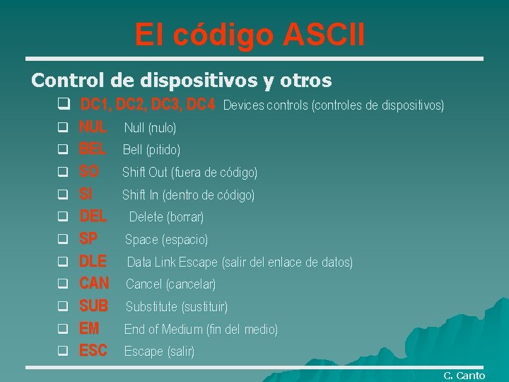 El código ASCII Control de dispositivos y otros : q DC 1, DC 2,