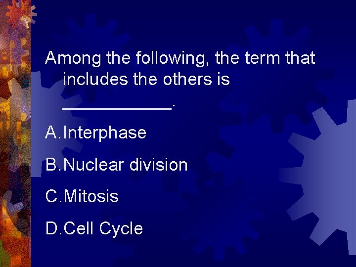 Among the following, the term that includes the others is ______. A. Interphase B.