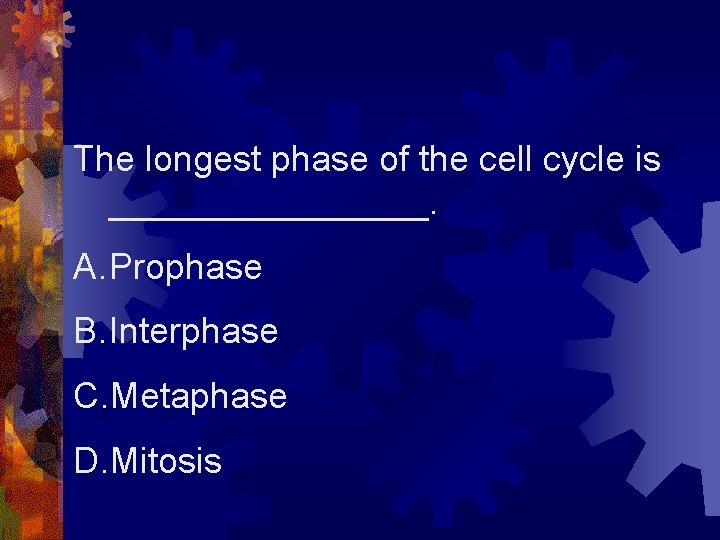 The longest phase of the cell cycle is ________. A. Prophase B. Interphase C.