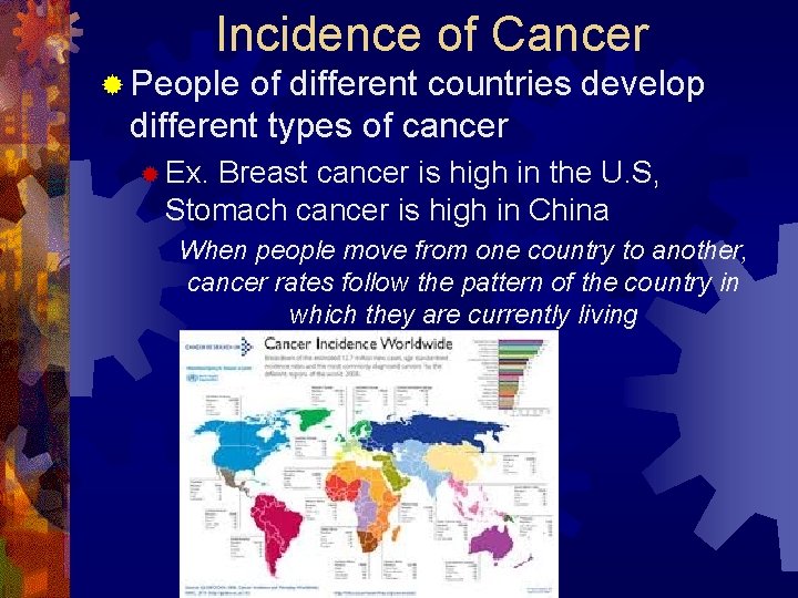 Incidence of Cancer ® People of different countries develop different types of cancer ®