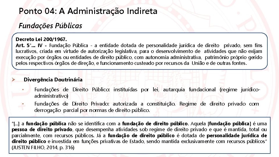 Ponto 04: A Administração Indireta Fundações Públicas Decreto Lei 200/1967. Art. 5°. . .