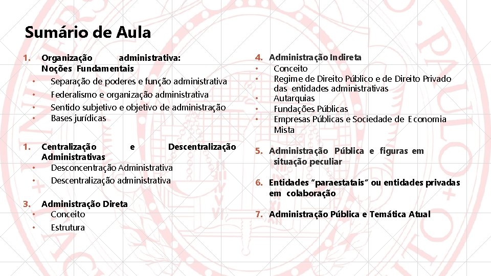 Sumário de Aula 1. • • 1. 3. Organização administrativa: Noções Fundamentais Separação de