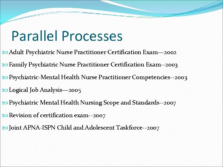 Parallel Processes Adult Psychiatric Nurse Practitioner Certification Exam— 2002 Family Psychiatric Nurse Practitioner Certification