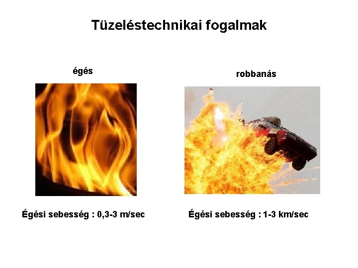 Tüzeléstechnikai fogalmak égés Égési sebesség : 0, 3 -3 m/sec robbanás Égési sebesség :