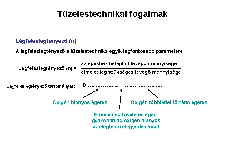 Tüzeléstechnikai fogalmak Légfeleslegtényező (n) A légfeleslegtényező a tüzeléstechnika egyik legfontosabb paramétere Légfeleslegtényező (n) =