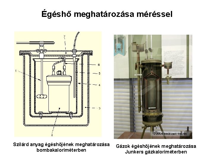 Égéshő meghatározása méréssel Szilárd anyag égéshőjének meghatározása bombakaloriméterben Gázok égéshőjének meghatározása Junkers gázkaloriméterben 