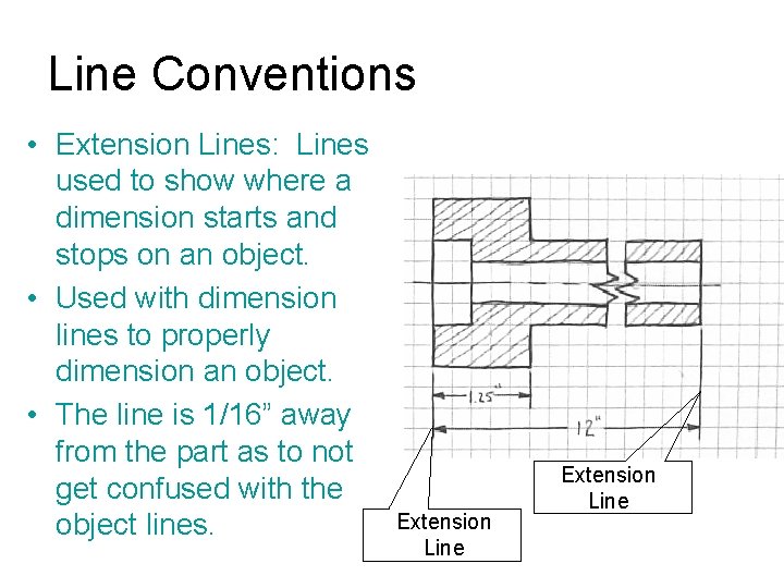 Line Conventions • Extension Lines: Lines used to show where a dimension starts and