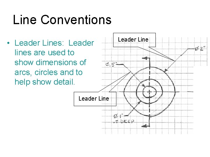 Line Conventions • Leader Lines: Leader lines are used to show dimensions of arcs,