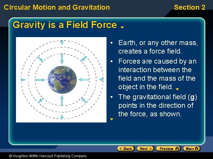 Circular Motion and Gravitation Section 2 Gravity is a Field Force • Earth, or