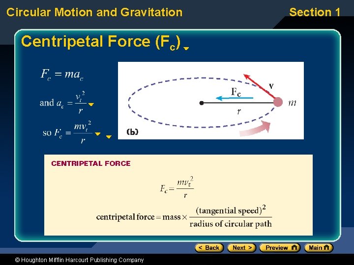 Circular Motion and Gravitation Centripetal Force (Fc) © Houghton Mifflin Harcourt Publishing Company Section