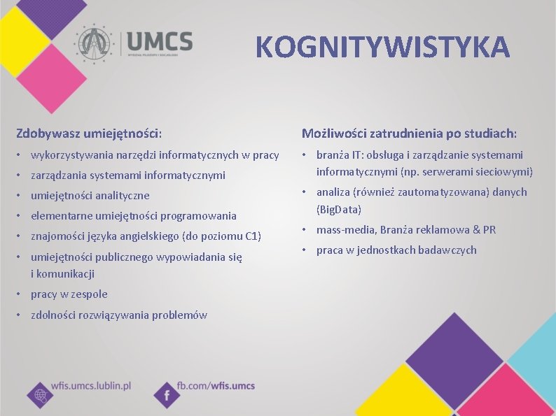 KOGNITYWISTYKA Zdobywasz umiejętności: Możliwości zatrudnienia po studiach: • wykorzystywania narzędzi informatycznych w pracy •