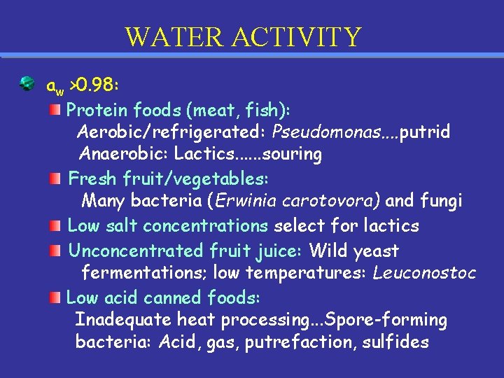 WATER ACTIVITY aw >0. 98: Protein foods (meat, fish): Aerobic/refrigerated: Pseudomonas. . putrid Anaerobic:
