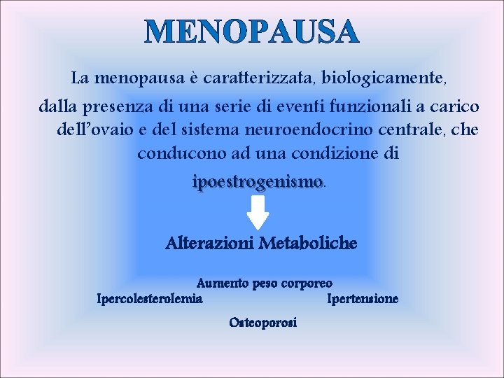 MENOPAUSA La menopausa è caratterizzata, biologicamente, dalla presenza di una serie di eventi funzionali