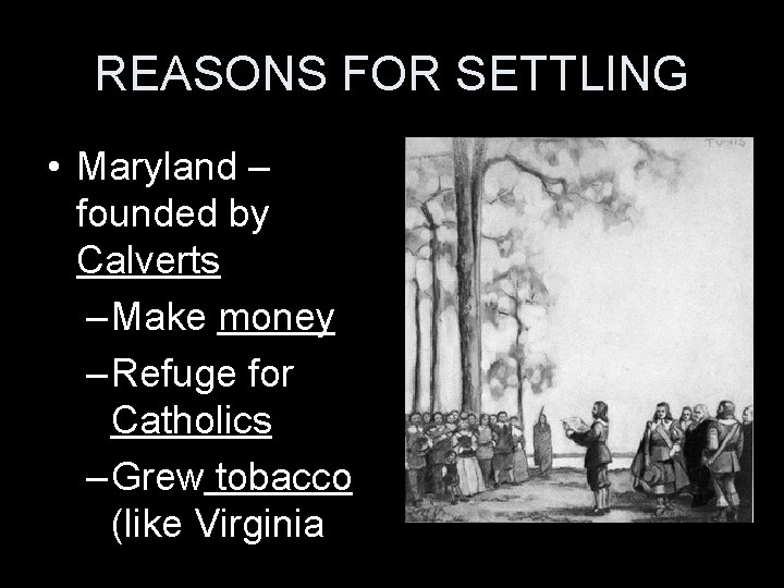 REASONS FOR SETTLING • Maryland – founded by Calverts – Make money – Refuge
