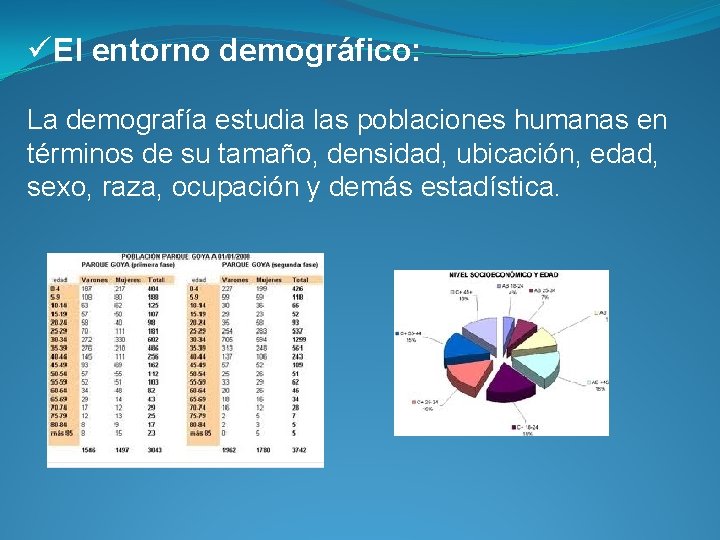 üEl entorno demográfico: La demografía estudia las poblaciones humanas en términos de su tamaño,