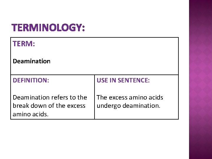 TERMINOLOGY: TERM: Deamination DEFINITION: USE IN SENTENCE: Deamination refers to the break down of