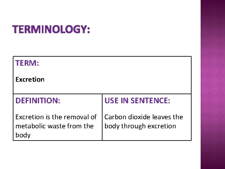 TERMINOLOGY: TERM: Excretion DEFINITION: USE IN SENTENCE: Excretion is the removal of metabolic waste