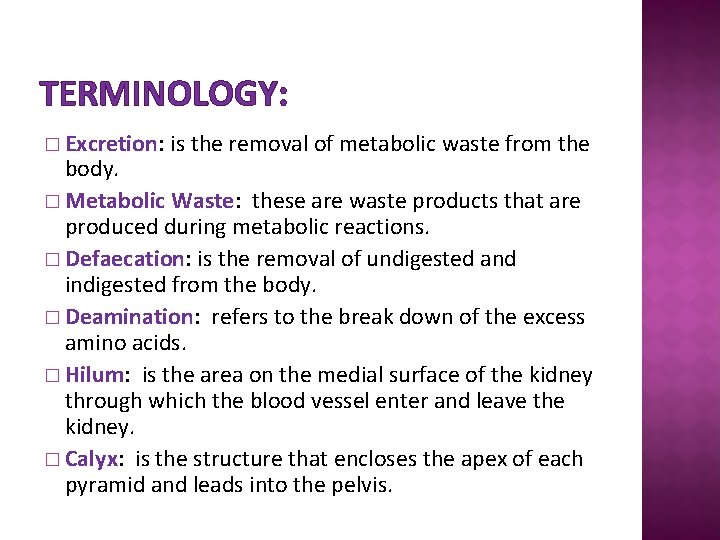TERMINOLOGY: � Excretion: is the removal of metabolic waste from the body. � Metabolic
