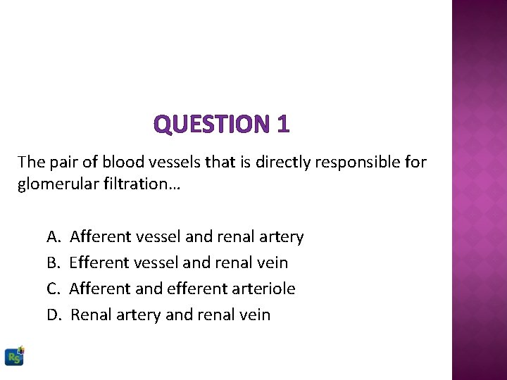 QUESTION 1 The pair of blood vessels that is directly responsible for glomerular filtration…