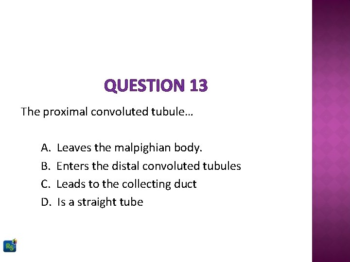 QUESTION 13 The proximal convoluted tubule… A. B. C. D. Leaves the malpighian body.