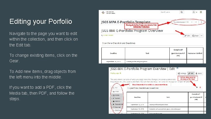 Editing your Porfolio Navigate to the page you want to edit within the collection,