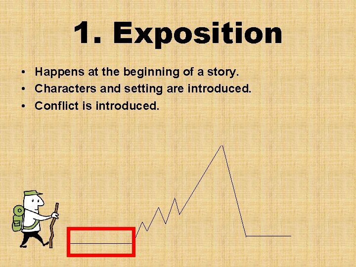 1. Exposition • Happens at the beginning of a story. • Characters and setting