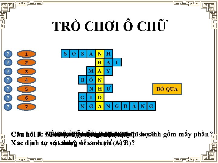 TRÒ CHƠI Ô CHỮ ? 1 S O S Á N H ? 2