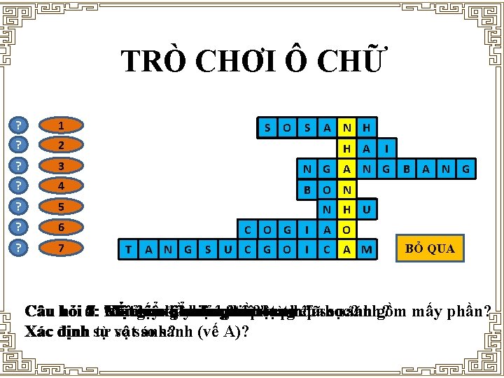 TRÒ CHƠI Ô CHỮ ? 1 ? 2 ? 3 N G A N