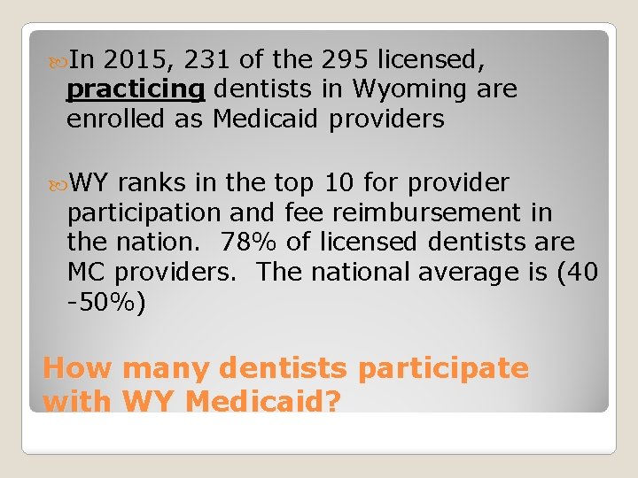  In 2015, 231 of the 295 licensed, practicing dentists in Wyoming are enrolled