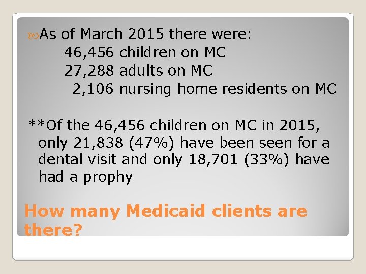  As of March 2015 there were: 46, 456 children on MC 27, 288