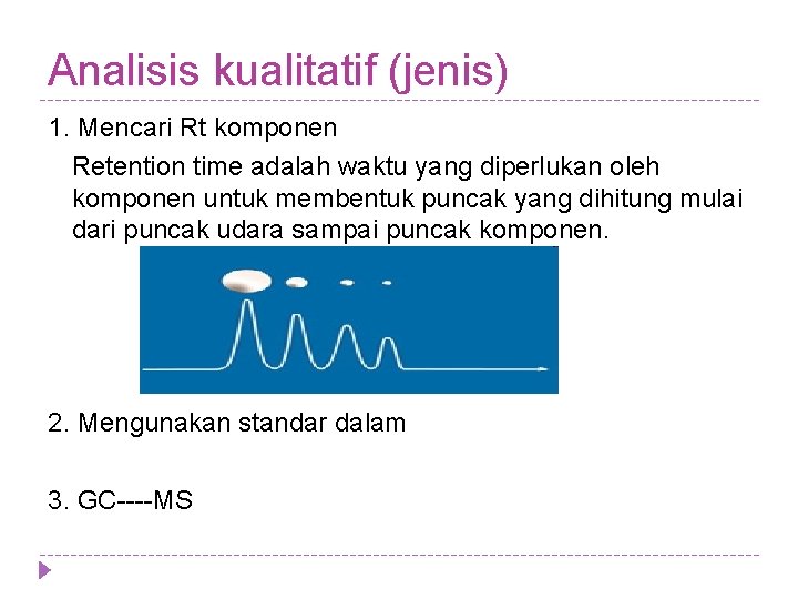 Analisis kualitatif (jenis) 1. Mencari Rt komponen Retention time adalah waktu yang diperlukan oleh