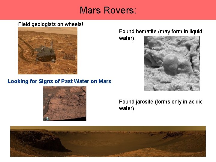 Mars Rovers: Field geologists on wheels! Found hematite (may form in liquid water): Looking