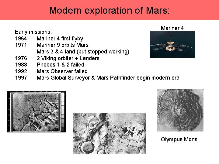 Modern exploration of Mars: Mariner 4 Early missions: 1964 Mariner 4 first flyby 1971