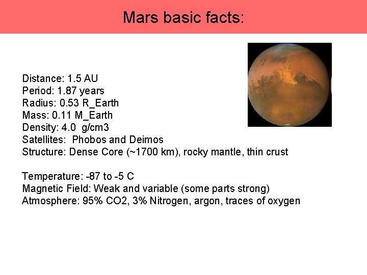 Mars basic facts: Distance: 1. 5 AU Period: 1. 87 years Radius: 0. 53