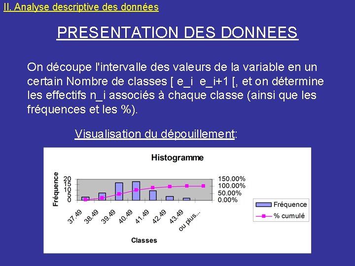 II. Analyse descriptive des données PRESENTATION DES DONNEES On découpe l'intervalle des valeurs de