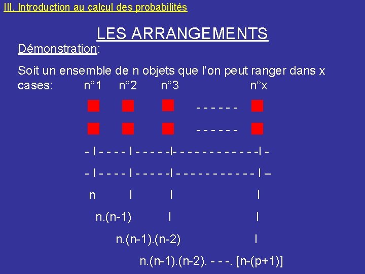 III. Introduction au calcul des probabilités LES ARRANGEMENTS Démonstration: Soit un ensemble de n