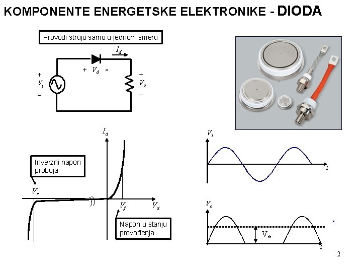 KOMPONENTE ENERGETSKE ELEKTRONIKE - DIODA Provodi struju samo u jednom smeru Id + Vi