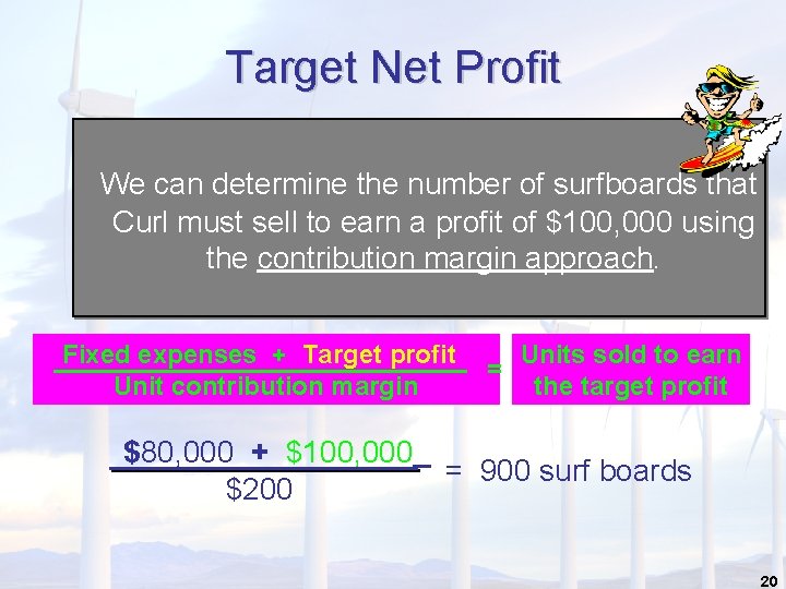 Target Net Profit We can determine the number of surfboards that Curl must sell Target Net Profit We can determine the number of surfboards that Curl must sell