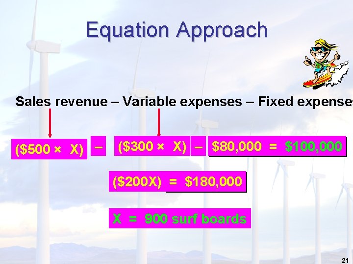 Equation Approach Sales revenue – Variable expenses – Fixed expenses ($500 × X) – Equation Approach Sales revenue – Variable expenses – Fixed expenses ($500 × X) –