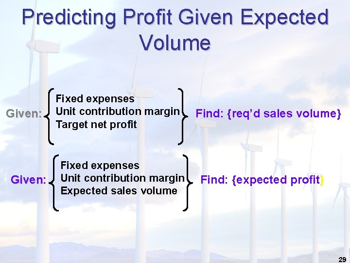 Predicting Profit Given Expected Volume Given: Fixed expenses Unit contribution margin Target net profit Predicting Profit Given Expected Volume Given: Fixed expenses Unit contribution margin Target net profit