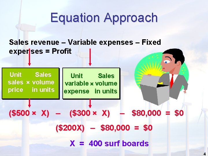Equation Approach Sales revenue – Variable expenses – Fixed expenses = Profit Unit Sales Equation Approach Sales revenue – Variable expenses – Fixed expenses = Profit Unit Sales