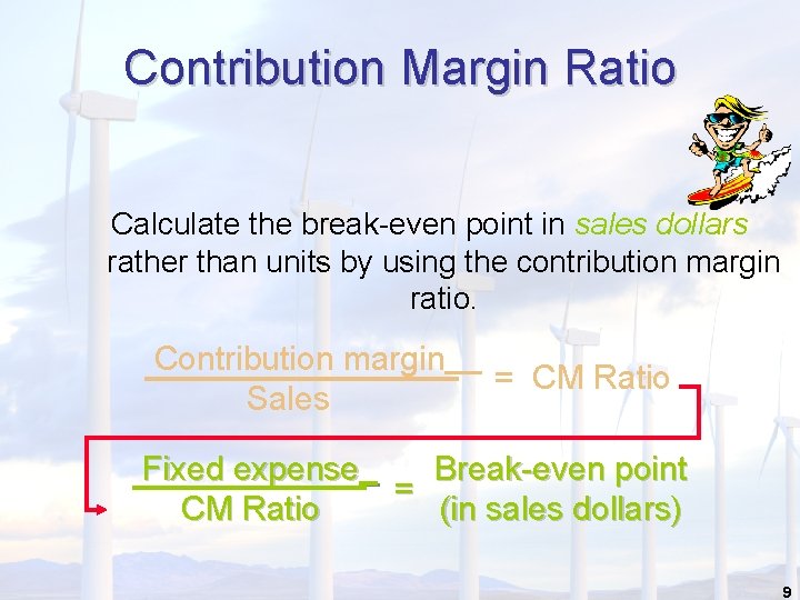 Contribution Margin Ratio Calculate the break-even point in sales dollars rather than units by Contribution Margin Ratio Calculate the break-even point in sales dollars rather than units by
