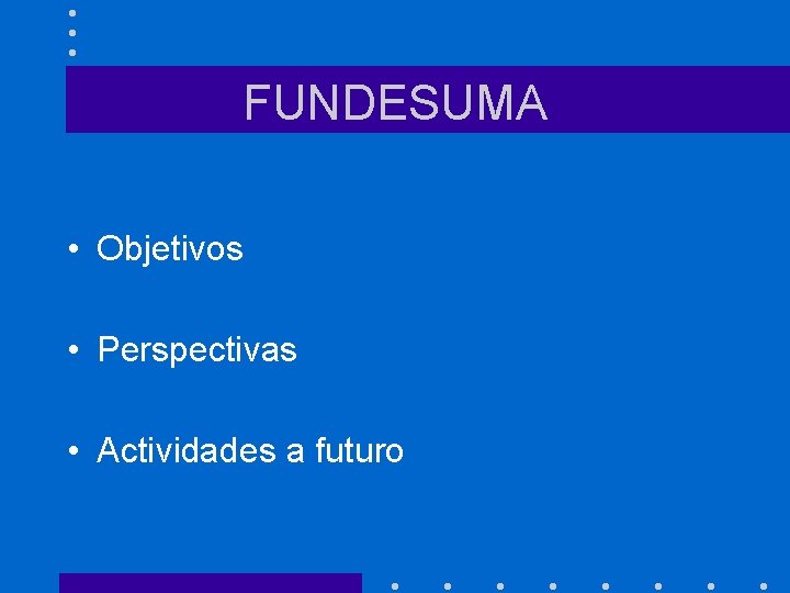 FUNDESUMA • Objetivos • Perspectivas • Actividades a futuro 
