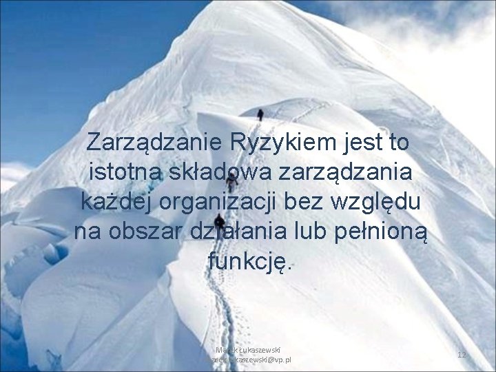 Zarządzanie Ryzykiem jest to istotna składowa zarządzania każdej organizacji bez względu na obszar działania Zarządzanie Ryzykiem jest to istotna składowa zarządzania każdej organizacji bez względu na obszar działania