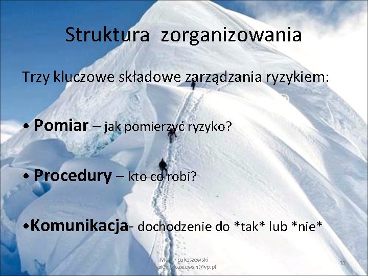 Struktura zorganizowania Trzy kluczowe składowe zarządzania ryzykiem: • Pomiar – jak pomierzyć ryzyko? • Struktura zorganizowania Trzy kluczowe składowe zarządzania ryzykiem: • Pomiar – jak pomierzyć ryzyko? •