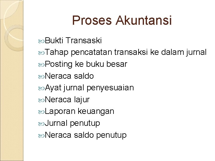 Proses Akuntansi Bukti Transaski Tahap pencatatan transaksi ke dalam jurnal Posting ke buku besar