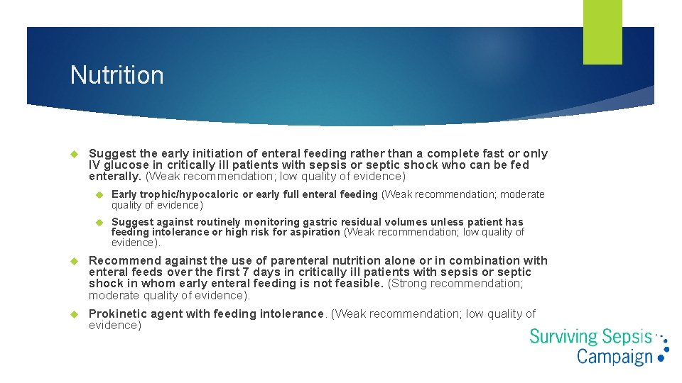 Nutrition Suggest the early initiation of enteral feeding rather than a complete fast or Nutrition Suggest the early initiation of enteral feeding rather than a complete fast or