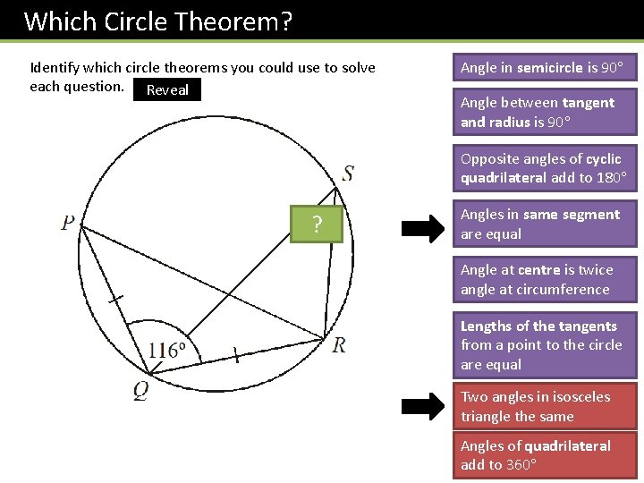Which Circle Theorem? Identify which circle theorems you could use to solve each question.